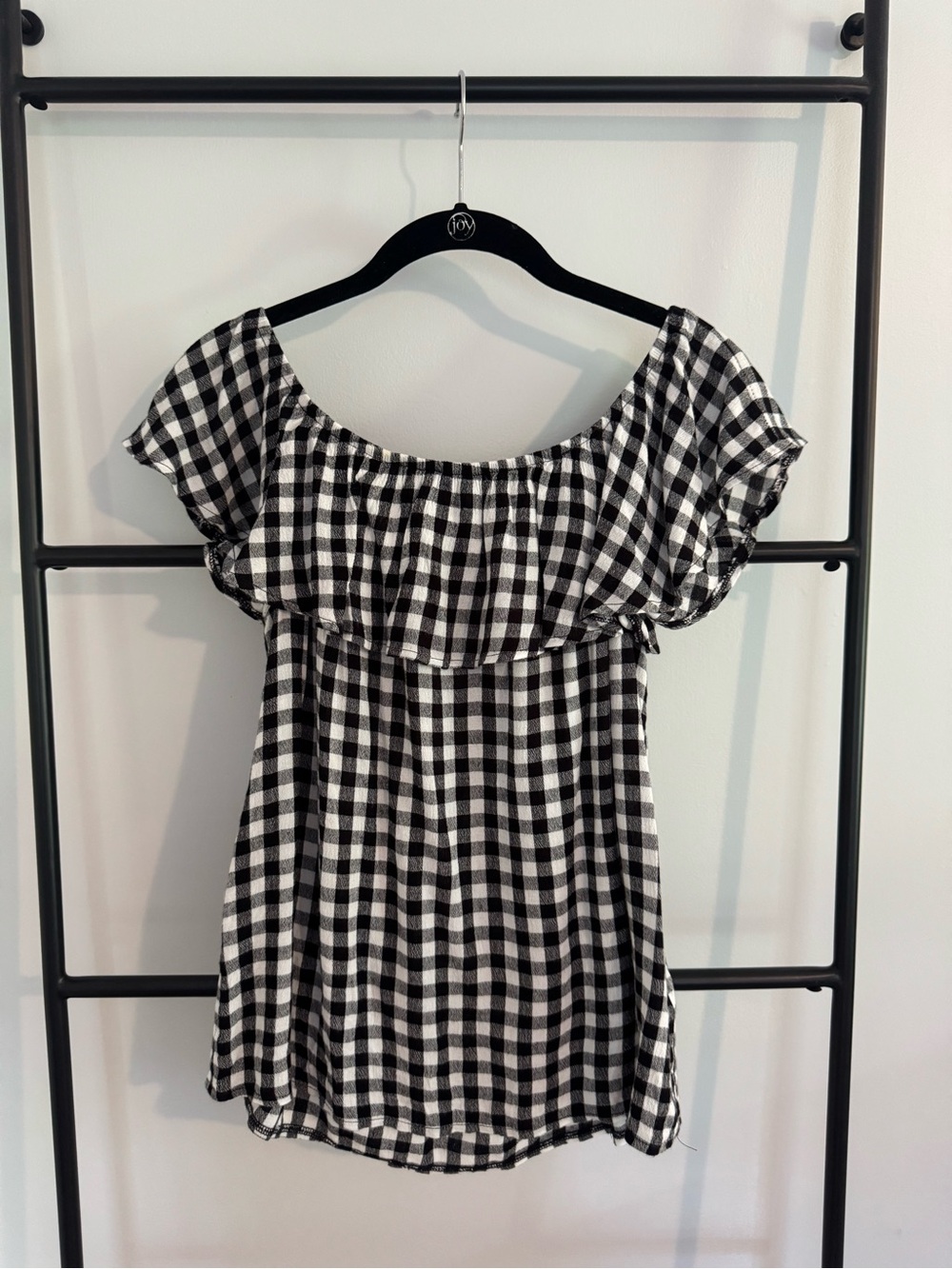 Lord & Taylor Design Lab Black and White Gingham Off-shoulder Top, Small